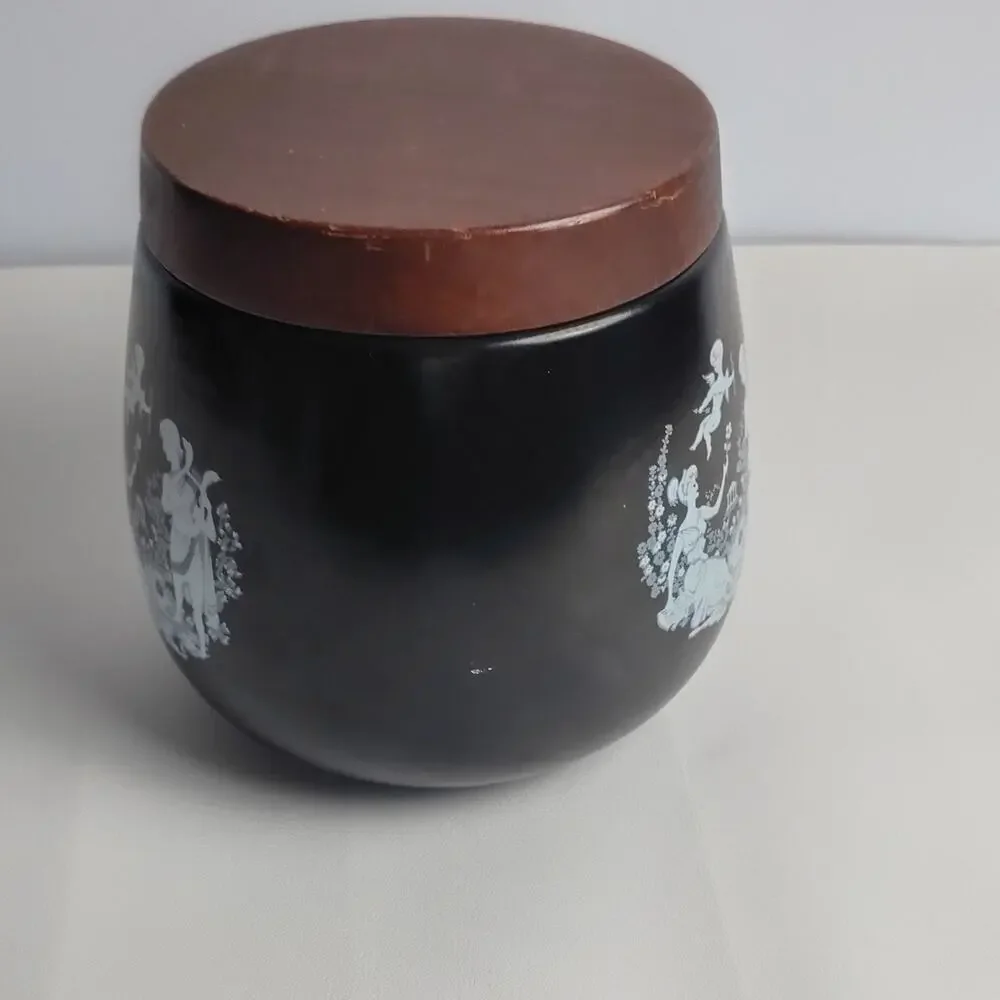 Vintage Ceramic Jar Canister Black White Brown Classical Scene Wood Lid Italy